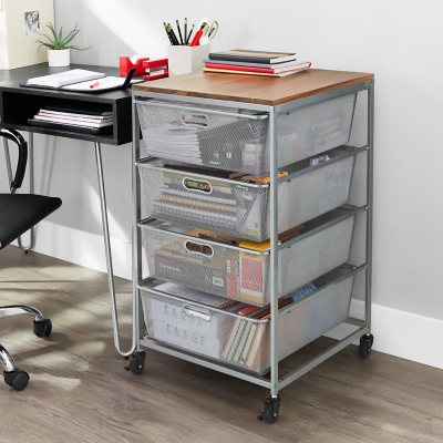 4-Drawer Organizer with Acacia Wood Top, Silver Grey