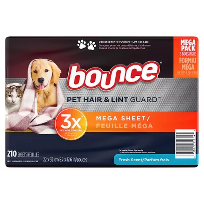 Bounce Pet Hair & Lint Guard Mega Dryer Sheets, Fresh Scent, 210 Ct.