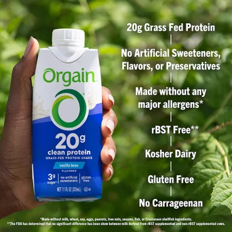 Orgain 20G Clean Protein Grass-Fed Protein Shake, Vanilla Bean 11 Fl. Oz., 12 Pk.