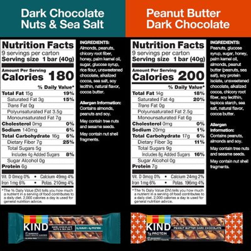 KIND Snack Bars Variety Pack, Dark Chocolate Nuts & Sea Salt and Peanut Butter Dark Chocolate 18 Ct.