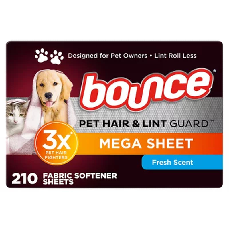 Bounce Pet Hair & Lint Guard Mega Dryer Sheets, Fresh Scent, 210 Ct.