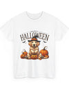 Unisex Golden Retriever Halloween Tee – Playful Dog in Witch Hat & Pumpkins Design