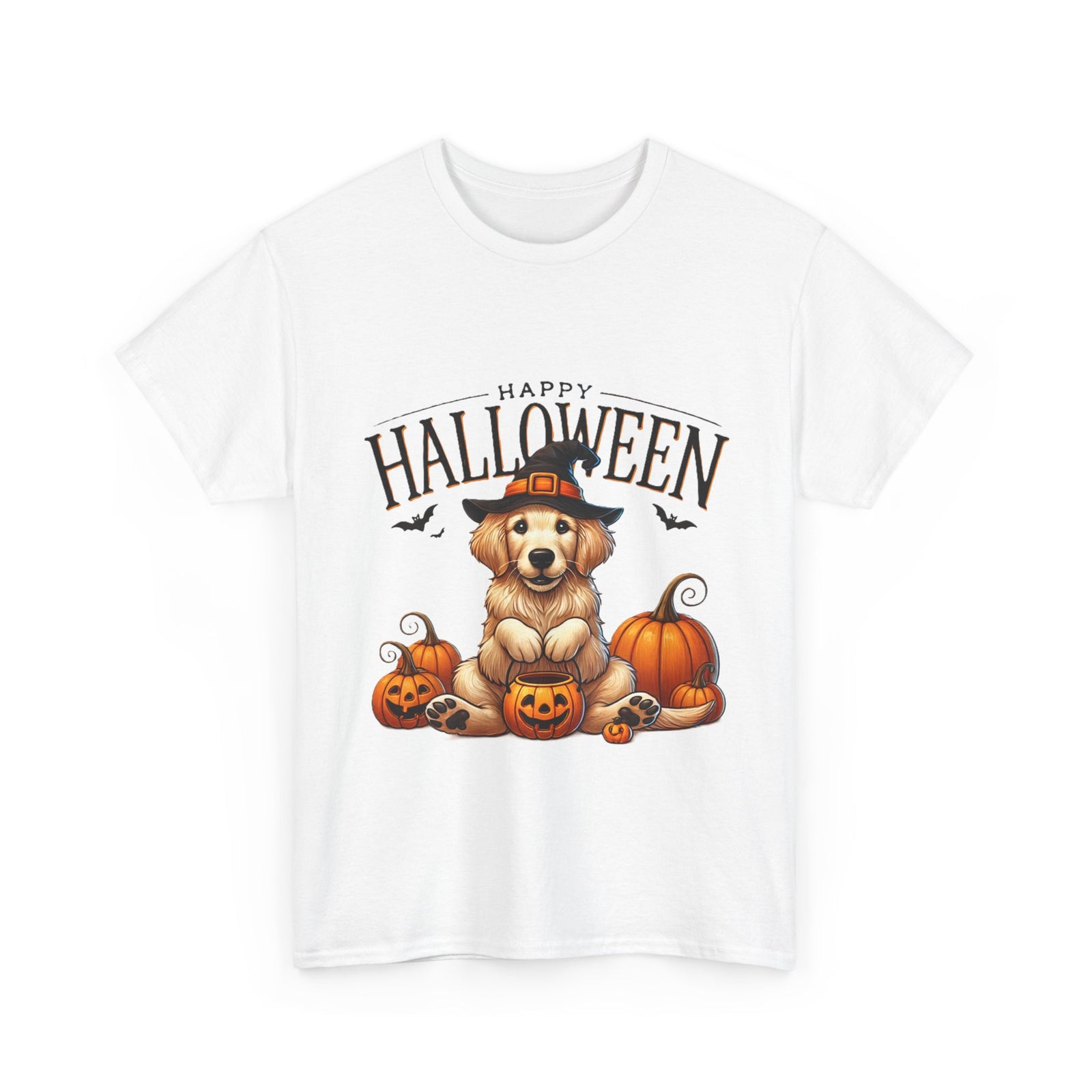 Unisex Golden Retriever Halloween Tee – Playful Dog in Witch Hat & Pumpkins Design