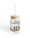 16oz Iced Coffee Glass Cup with Lid and Straw – Aesthetic Drinkware, Reusable & Portable Handmade Tumbler Mug with Coffee Bean Design