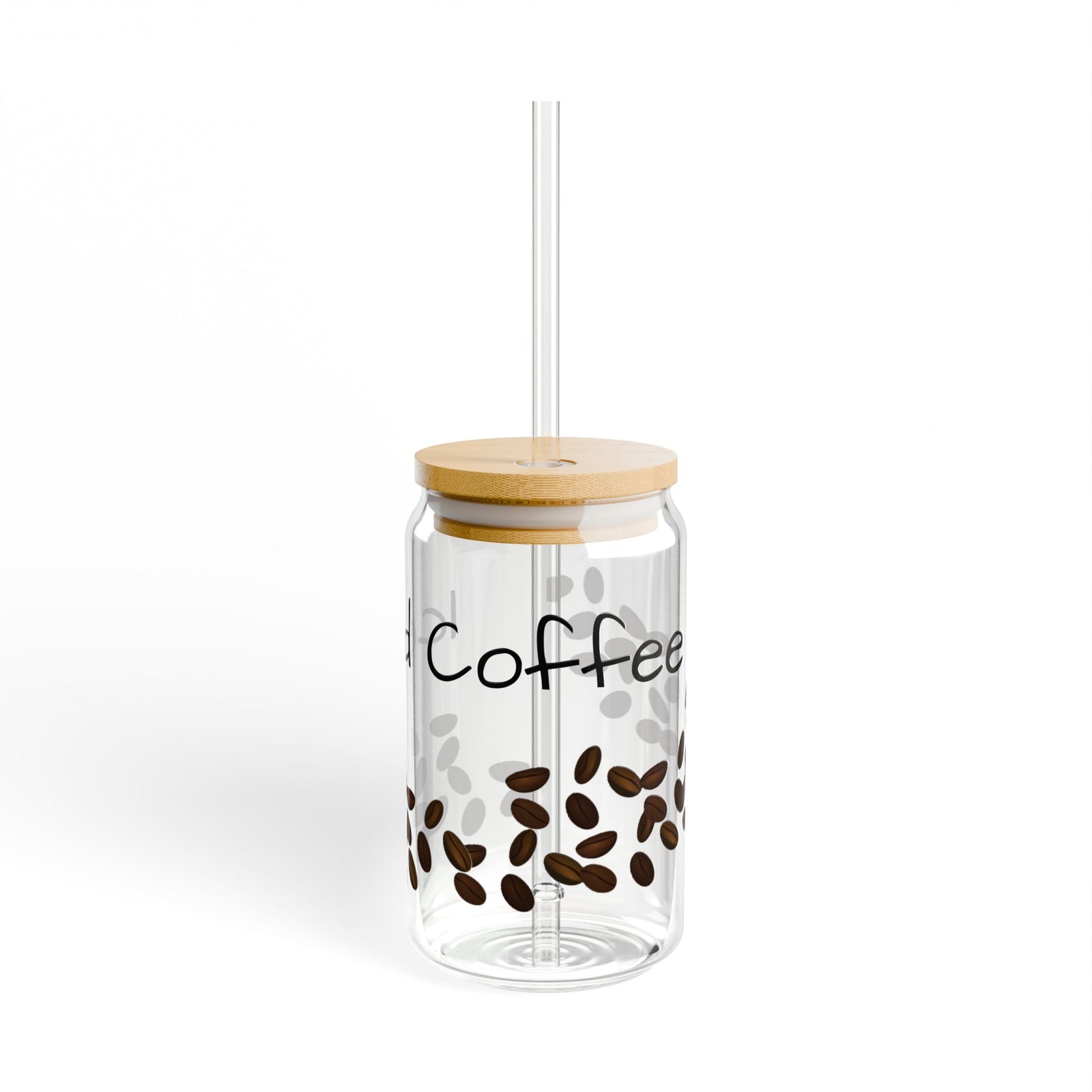 16oz Iced Coffee Glass Cup with Lid and Straw – Aesthetic Drinkware, Reusable & Portable Handmade Tumbler Mug with Coffee Bean Design