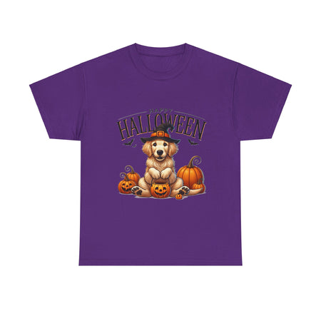 Unisex Golden Retriever Halloween Tee – Playful Dog in Witch Hat & Pumpkins Design