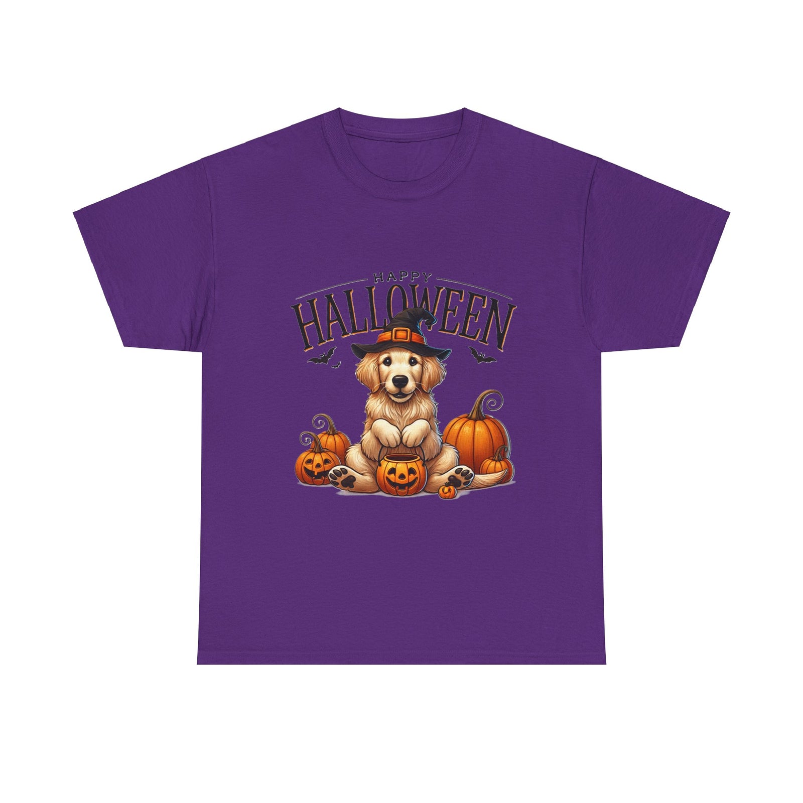 Unisex Golden Retriever Halloween Tee – Playful Dog in Witch Hat & Pumpkins Design