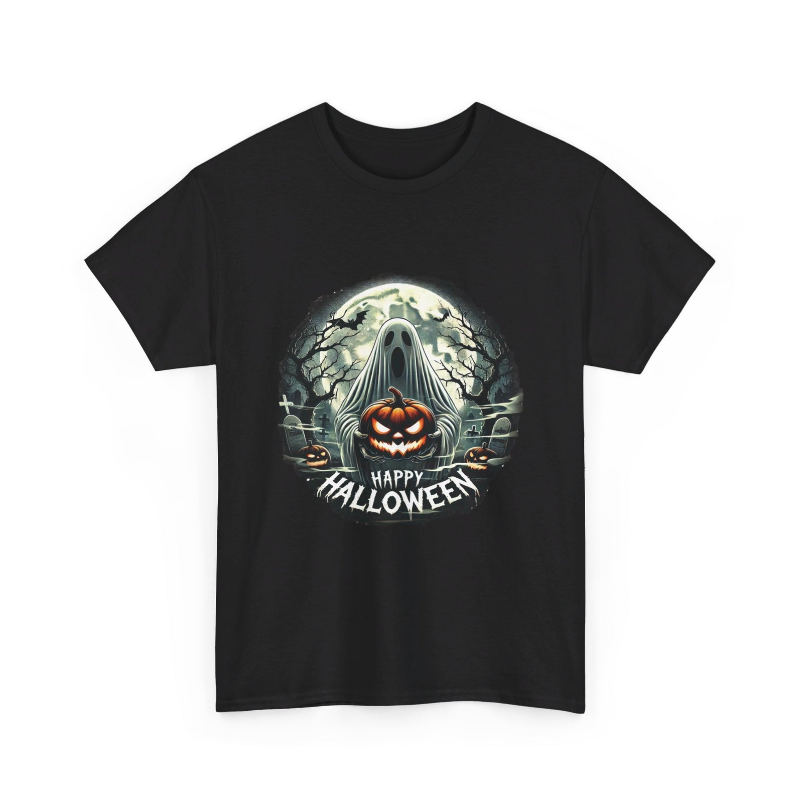 Haunting Halloween Ghost with Pumpkin Unisex Heavy Cotton Tee