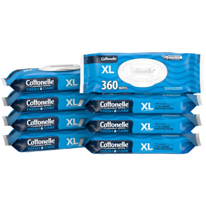 XL Flushable Wet Wipes, Adult Wipes Large, 8 Flip-Top Packs, 45 Wipes per Pack (360 Total Wipes)