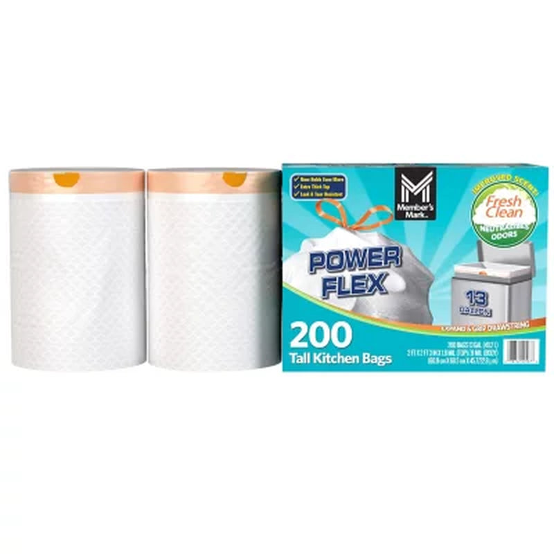 Member'S Mark Power Flex Tall Kitchen Drawstring Trash Bags, Fresh Scent 13 Gal., 200 Ct.