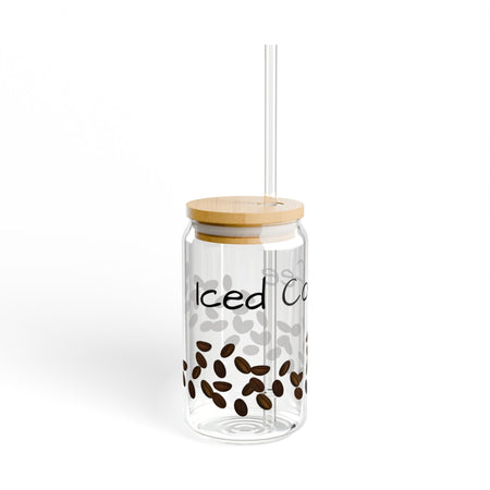 16oz Iced Coffee Glass Cup with Lid and Straw – Aesthetic Drinkware, Reusable & Portable Handmade Tumbler Mug with Coffee Bean Design