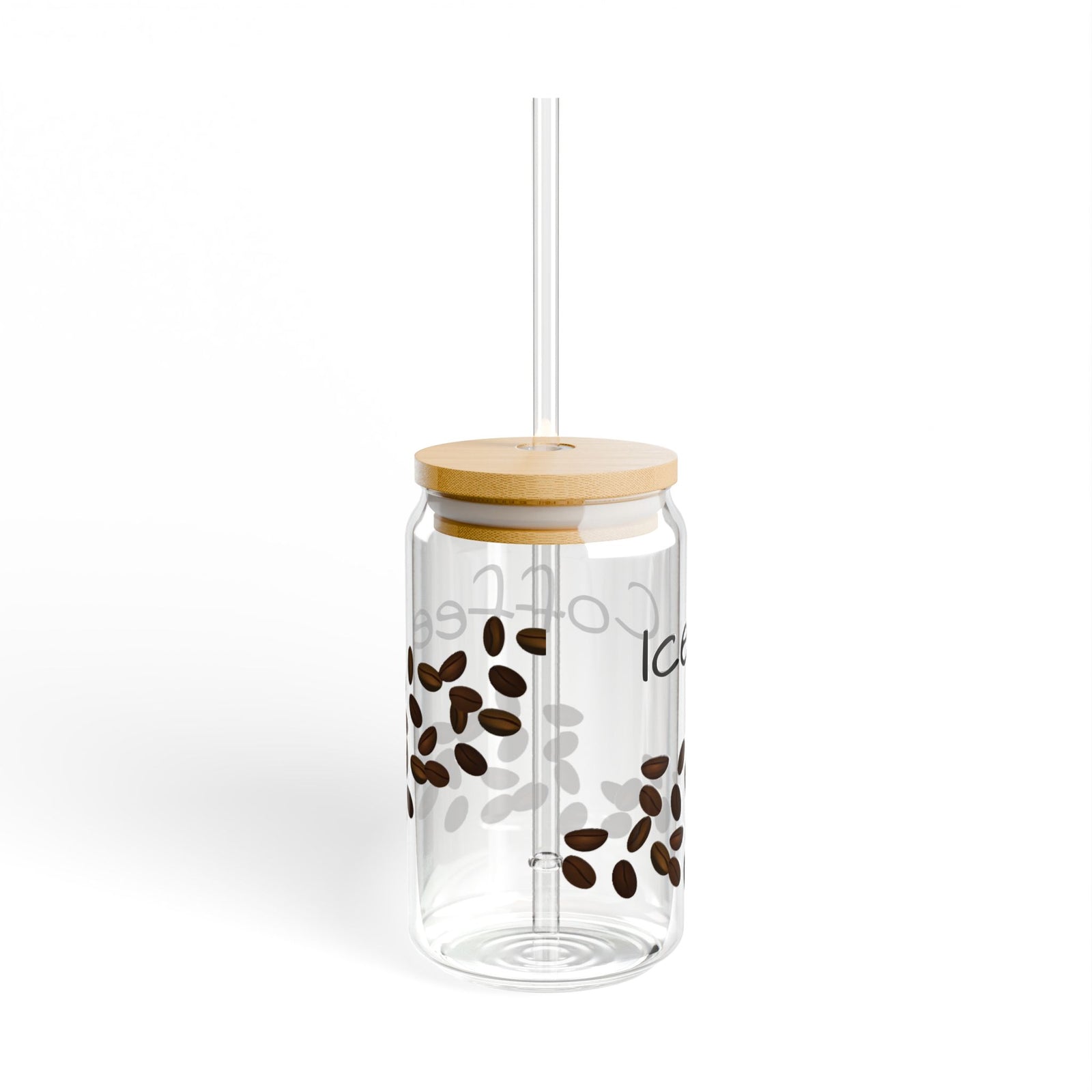 16oz Iced Coffee Glass Cup with Lid and Straw – Aesthetic Drinkware, Reusable & Portable Handmade Tumbler Mug with Coffee Bean Design