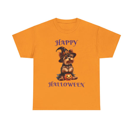 Yorkie Witch Trick-or-Treat Delight Unisex Heavy Cotton Tee – Halloween Dog Lovers Shirt