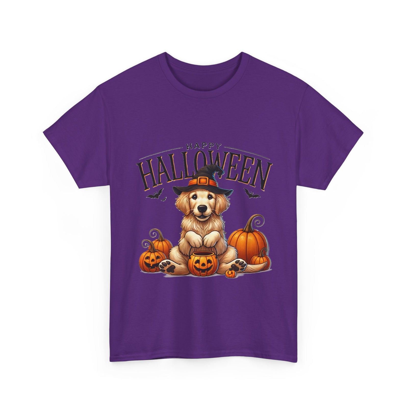 Unisex Golden Retriever Halloween Tee – Playful Dog in Witch Hat & Pumpkins Design