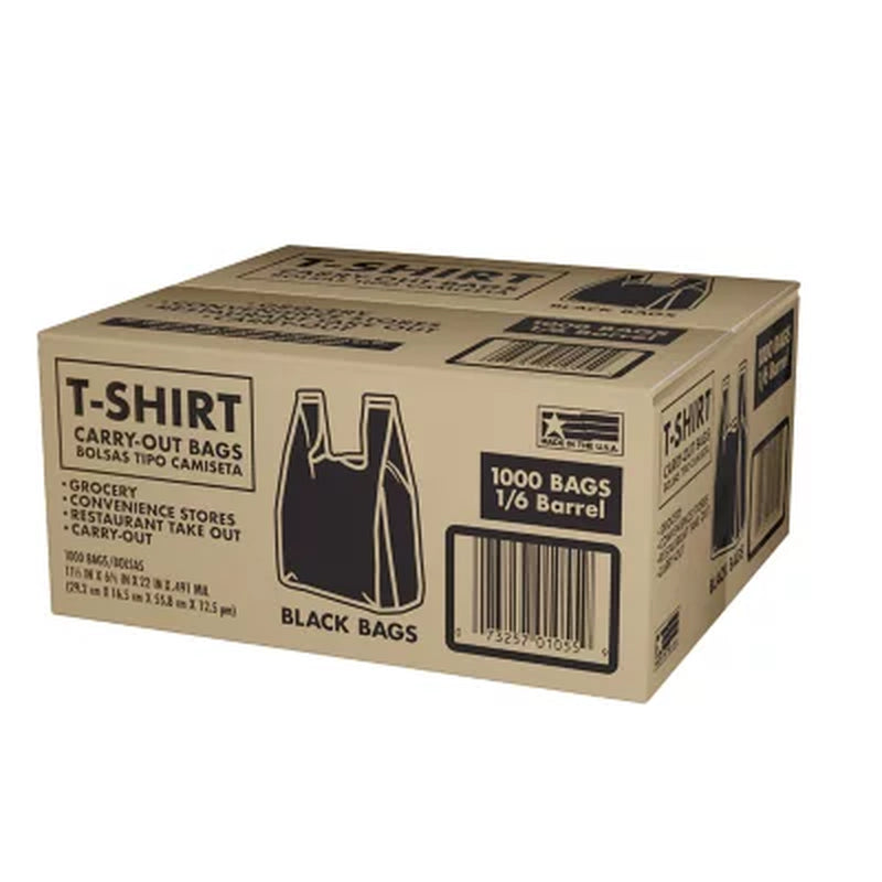 Black T-Shirt Carryout Bags, 11.5" X 6.5" X 22" 1000 Ct.