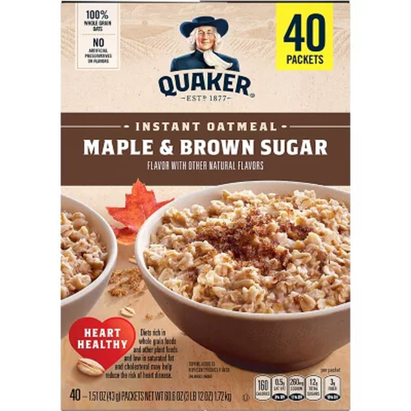 Quaker Instant Oatmeal, Maple Brown Sugar, 1.51 Oz., 40 Pk.