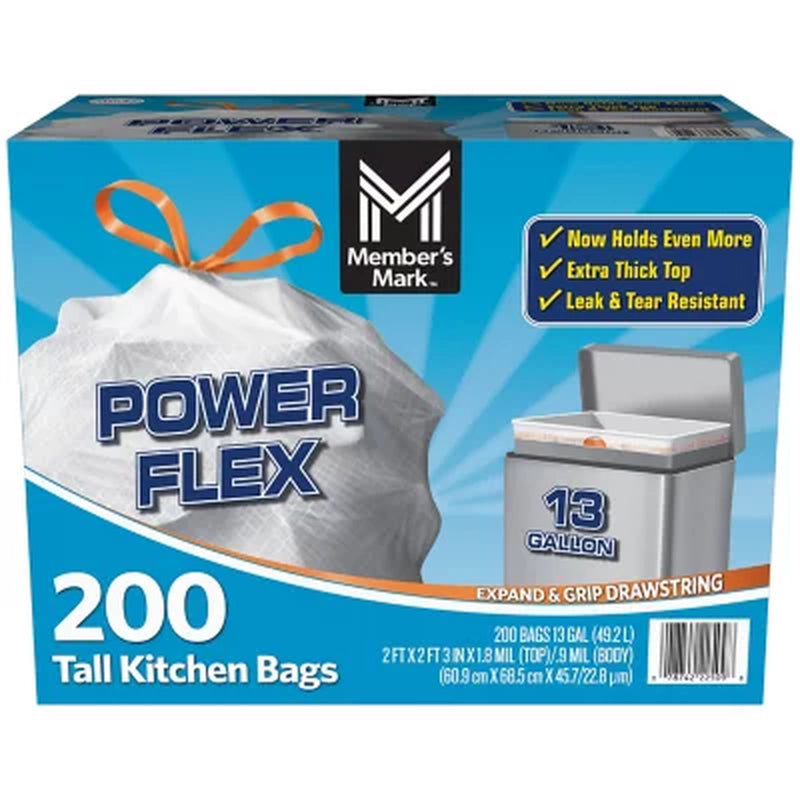 Member'S Mark Power Flex Tall Kitchen Drawstring Trash Bags Unscented 13 Gal., 200 Ct.