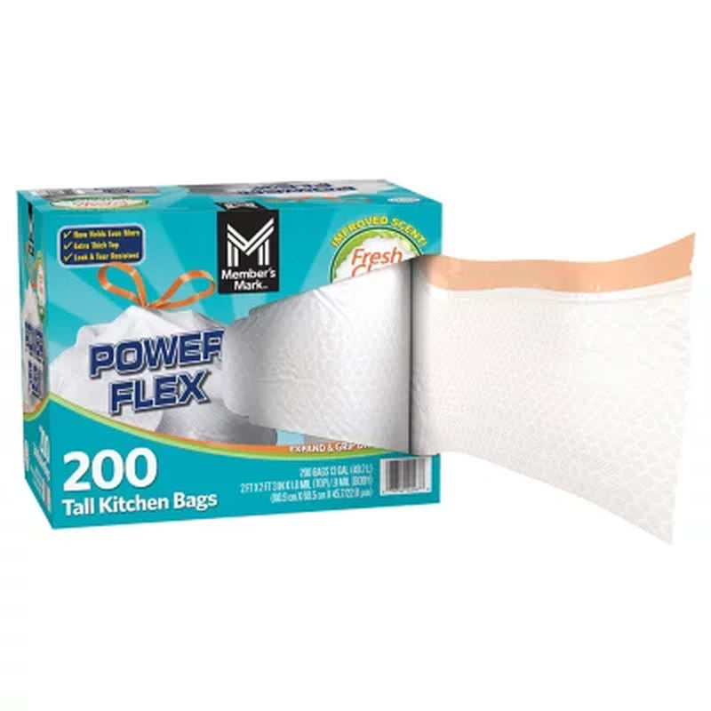 Member'S Mark Power Flex Tall Kitchen Drawstring Trash Bags, Fresh Scent 13 Gal., 200 Ct.