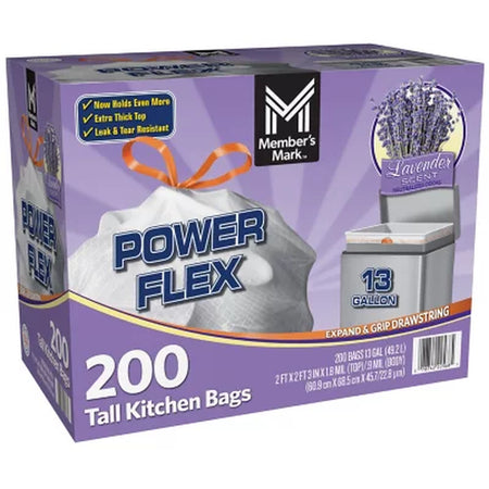 Member'S Mark Power Flex Tall Kitchen Drawstring Trash Bags, Lavender 13 Gal., 200 Ct.