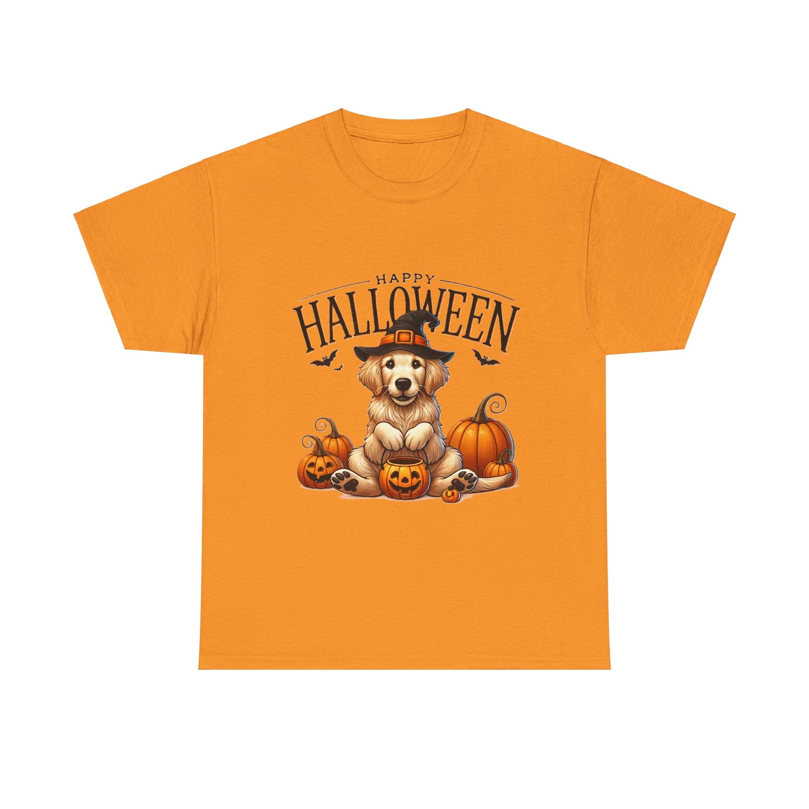 Unisex Golden Retriever Halloween Tee – Playful Dog in Witch Hat & Pumpkins Design