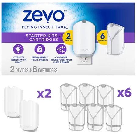 Zevo Flying Insect Trap, Fly Trap 2 Devices + 6 Refills Cartridges