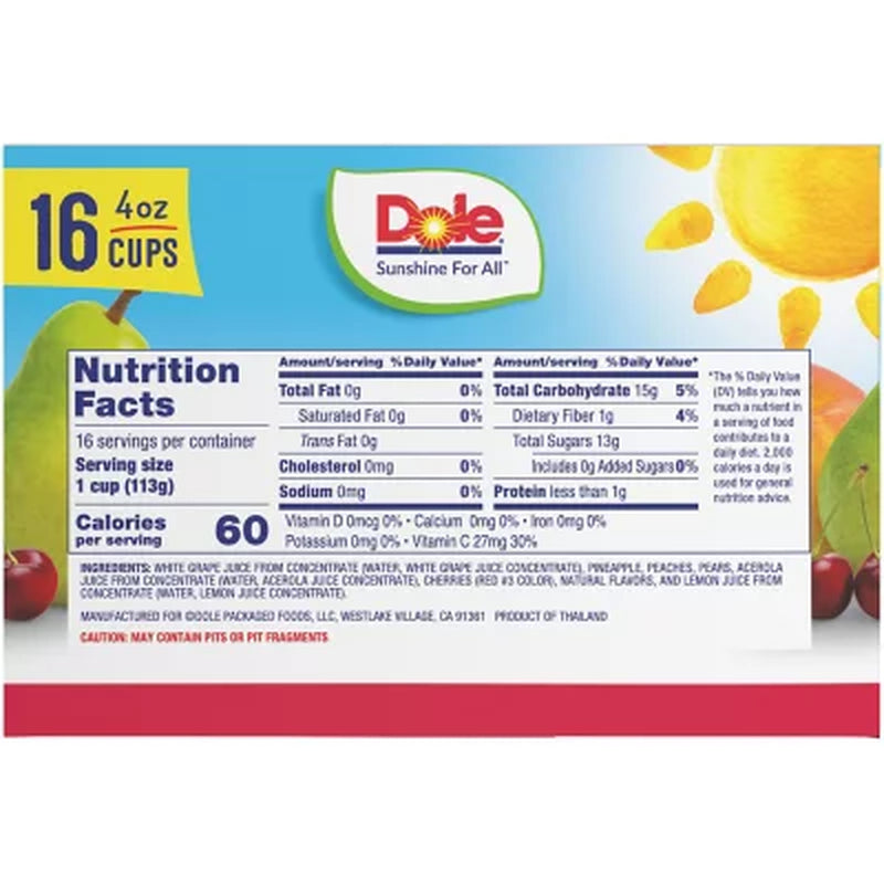 Dole Cherry Mixed Fruit Bowls in 100% Juice, 4 Oz., 16 Pk.