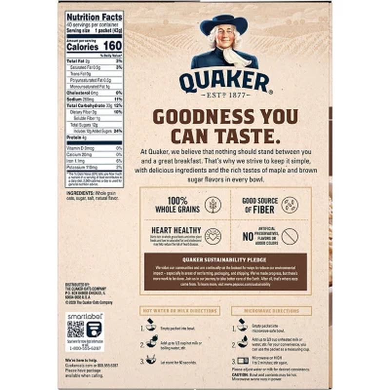 Quaker Instant Oatmeal, Maple Brown Sugar, 1.51 Oz., 40 Pk.