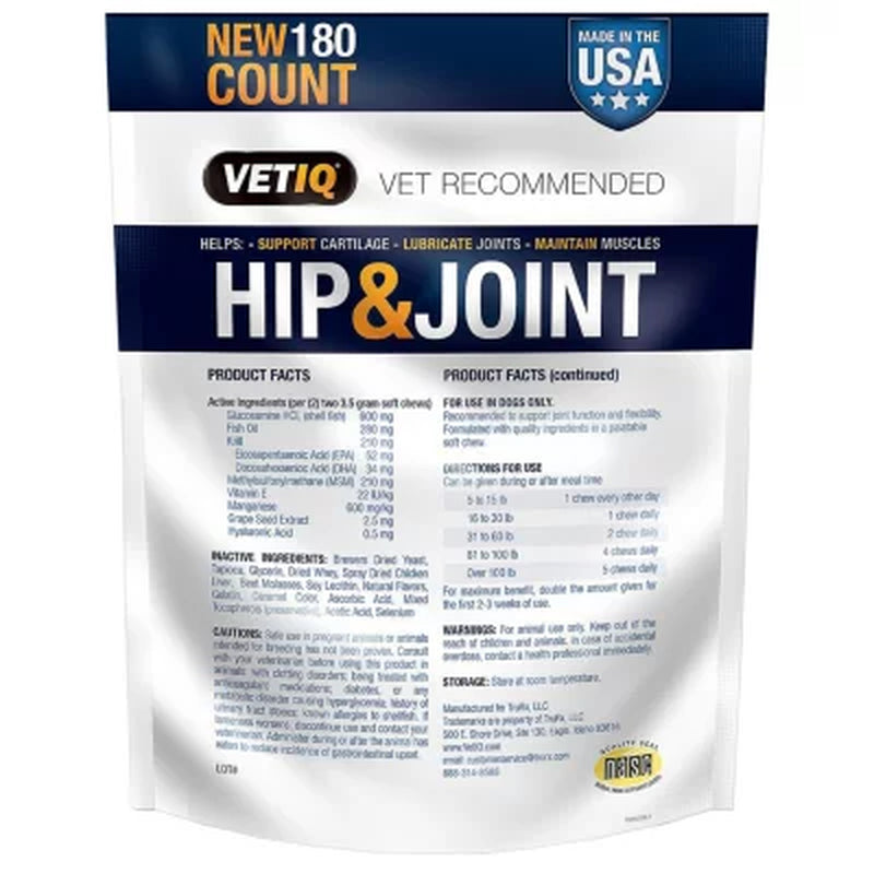 VETIQ Maximum Strength Hip & Joint Soft Dog Chews, Chicken Flavored, 180 Ct.