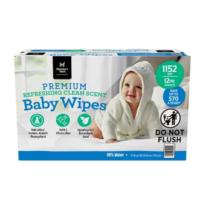 Member'S Mark Premium Baby Wipes, Refreshing Clean Scent, 12 Pk., 1152 Wipes