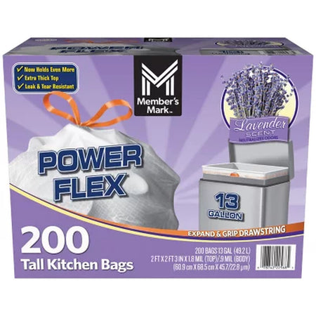 Member'S Mark Power Flex Tall Kitchen Drawstring Trash Bags, Lavender 13 Gal., 200 Ct.