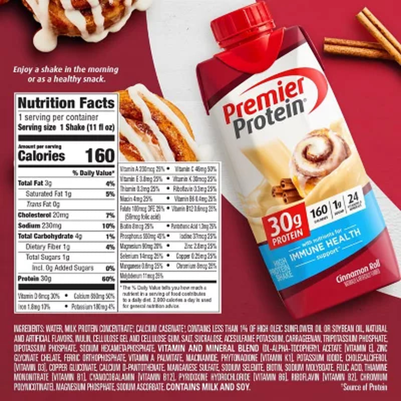 Premier Protein 30G High Protein Shake, Cinnamon Roll 11 Fl. Oz., 15 Pk.