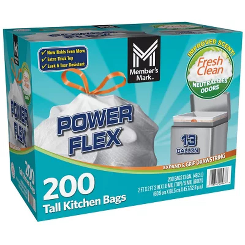 Member'S Mark Power Flex Tall Kitchen Drawstring Trash Bags, Fresh Scent 13 Gal., 200 Ct.