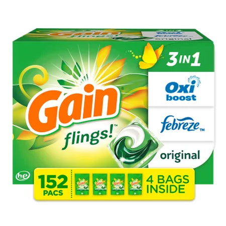 Gain Flings! 3 in 1 Laundry Detergent Pacs, Original Scents, 152 Ct.