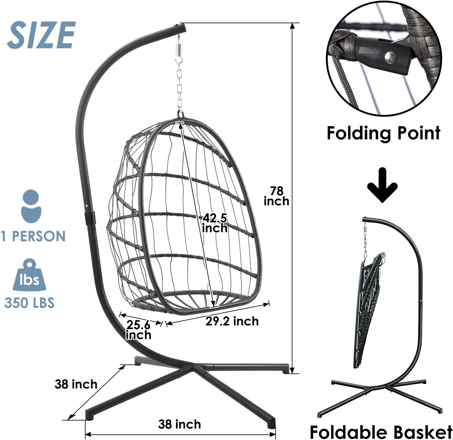 Patio Hanging Swing Egg Chair Rattan Wicker With Steel Frame and UV Resistant Cushion