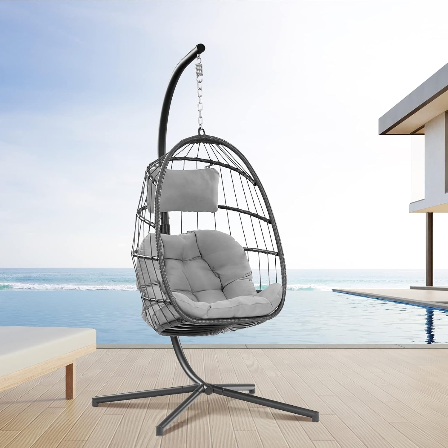 Patio Hanging Swing Egg Chair Rattan Wicker With Steel Frame and UV Resistant Cushion