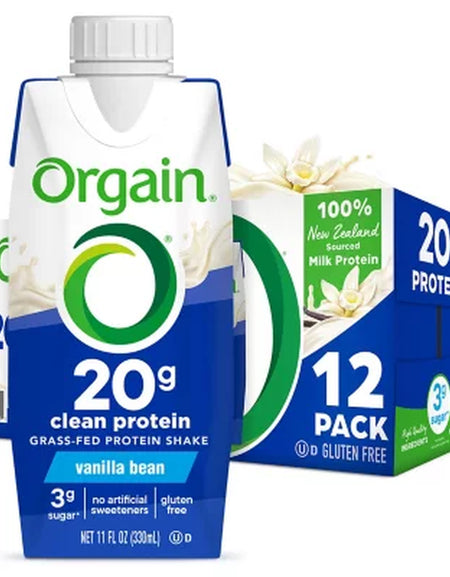 Orgain 20G Clean Protein Grass-Fed Protein Shake, Vanilla Bean 11 Fl. Oz., 12 Pk.