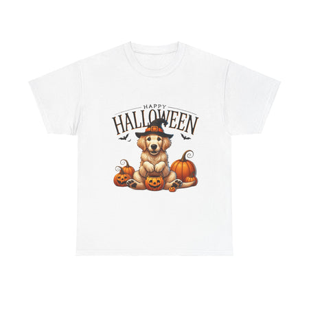 Unisex Golden Retriever Halloween Tee – Playful Dog in Witch Hat & Pumpkins Design