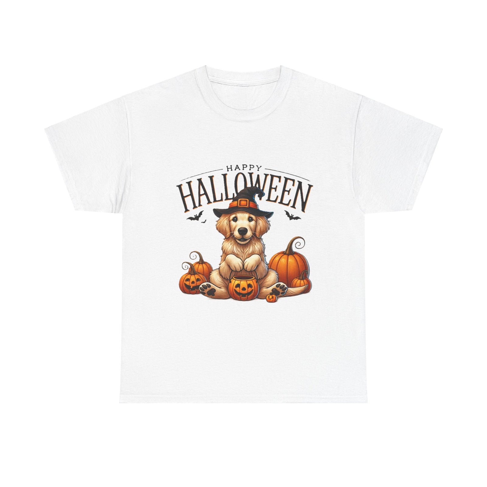 Unisex Golden Retriever Halloween Tee – Playful Dog in Witch Hat & Pumpkins Design