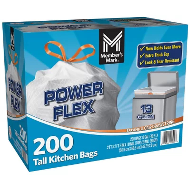 Member'S Mark Power Flex Tall Kitchen Drawstring Trash Bags Unscented 13 Gal., 200 Ct.