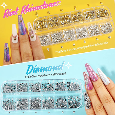 Buchona Nail Set: 41-Box Kit with Rhinestones, Gems, and Flakes for Creative Nail Art Designs – Perfect Nail Accessories