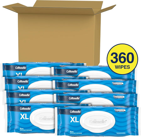 XL Flushable Wet Wipes, Adult Wipes Large, 8 Flip-Top Packs, 45 Wipes per Pack (360 Total Wipes)