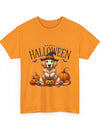 Unisex Golden Retriever Halloween Tee – Playful Dog in Witch Hat & Pumpkins Design