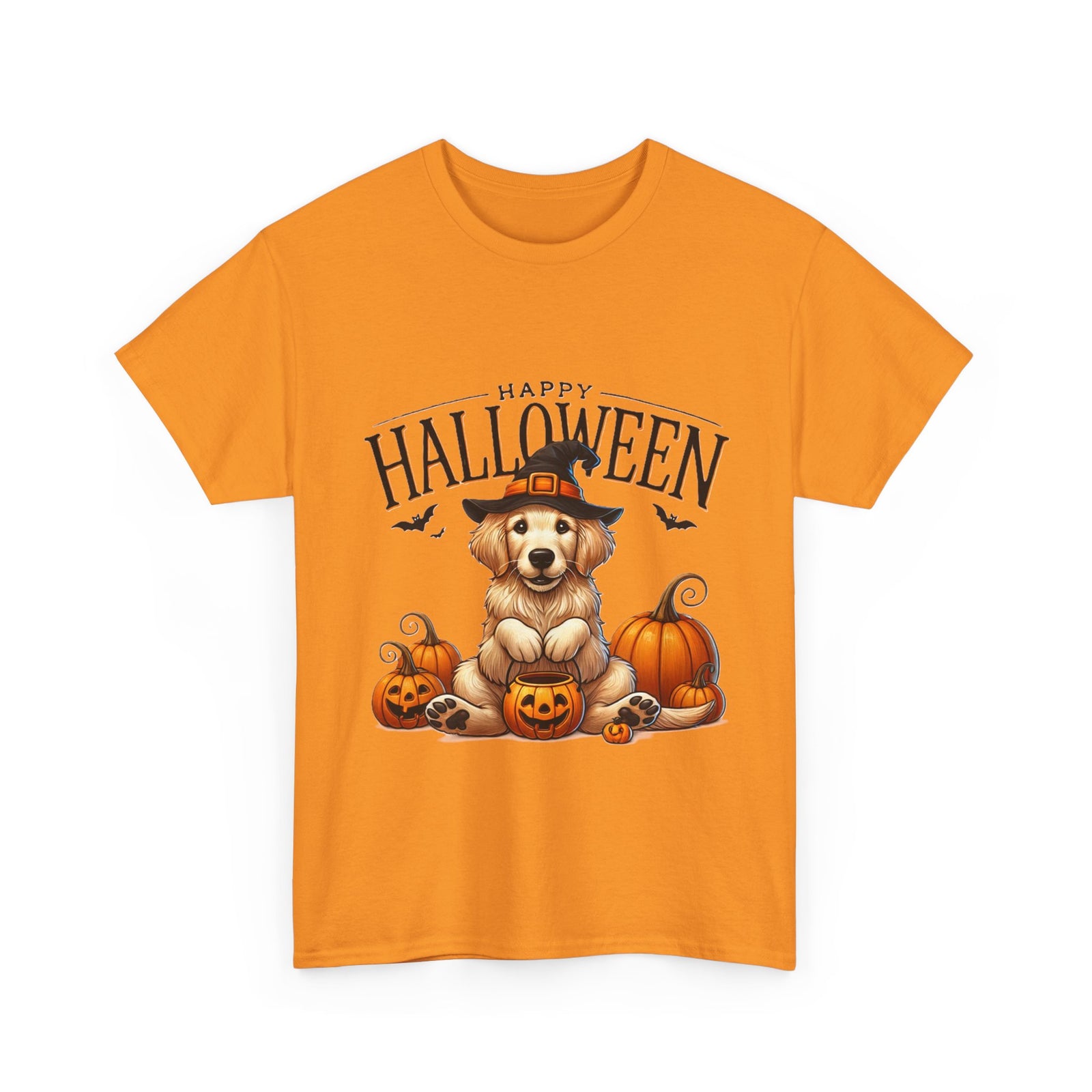 Unisex Golden Retriever Halloween Tee – Playful Dog in Witch Hat & Pumpkins Design