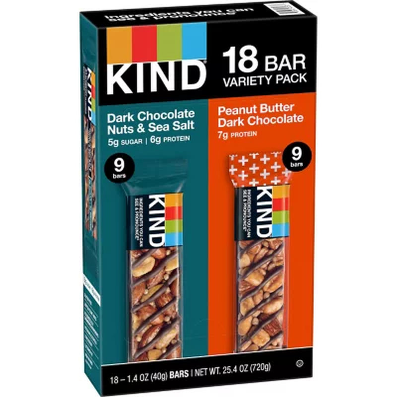 KIND Snack Bars Variety Pack, Dark Chocolate Nuts & Sea Salt and Peanut Butter Dark Chocolate 18 Ct.