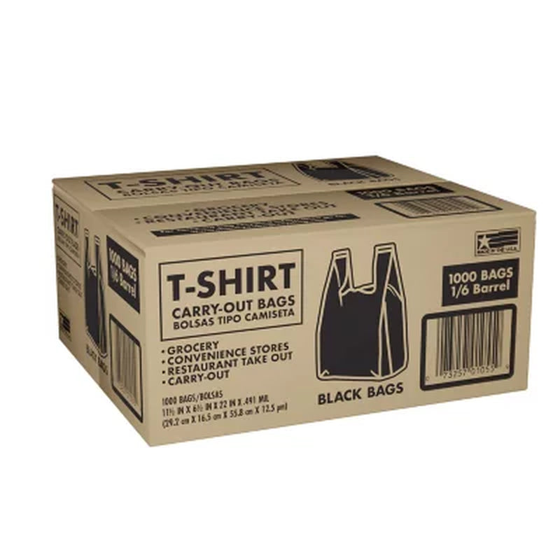 Black T-Shirt Carryout Bags, 11.5" X 6.5" X 22" 1000 Ct.