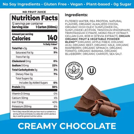 Orgain 20G Plant Based Protein Shake, Chocolate 11 Fl. Oz. 12 Pk.