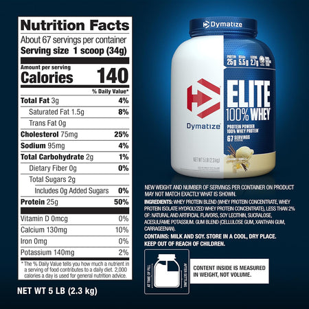 Dymatize Elite 100% Whey Protein Powder, 25G Protein, 5 Pound, 67 Servings (CHOOSE FLAVOR)