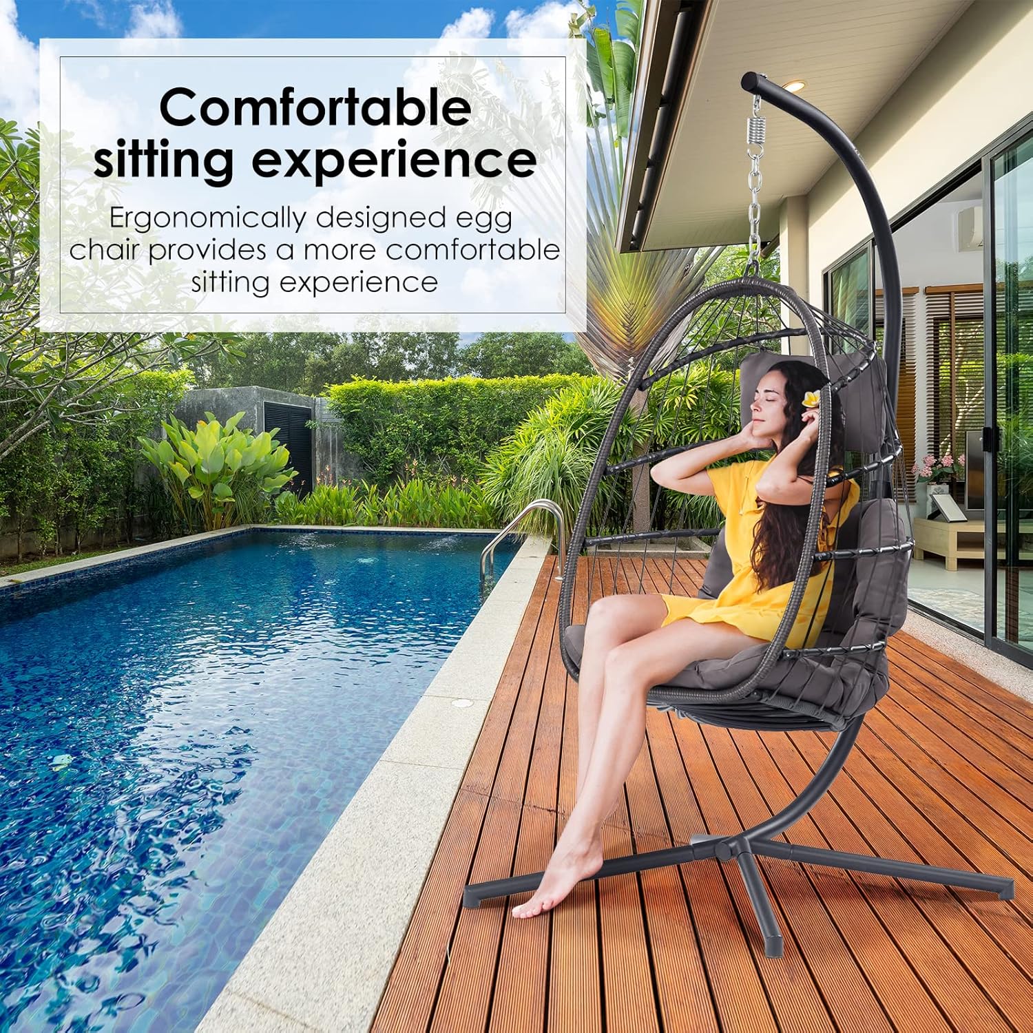 Patio Hanging Swing Egg Chair Rattan Wicker With Steel Frame and UV Resistant Cushion