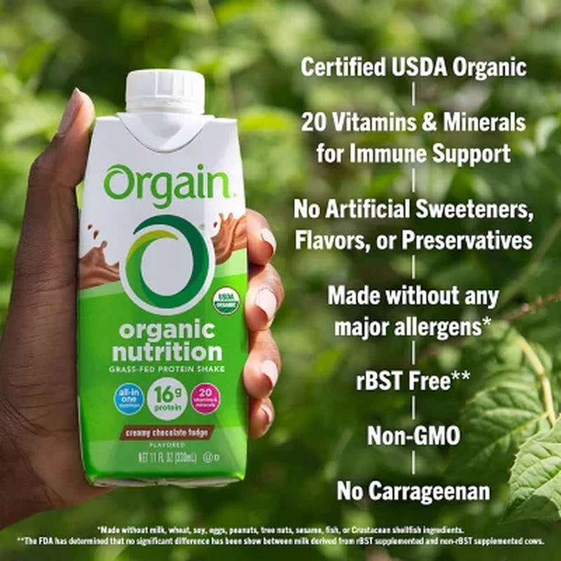 Orgain Organic Nutrition 16G Grass-Fed Protein Shake, Creamy Chocolate Fudge, 11 Fl. Oz., 12 Pk.