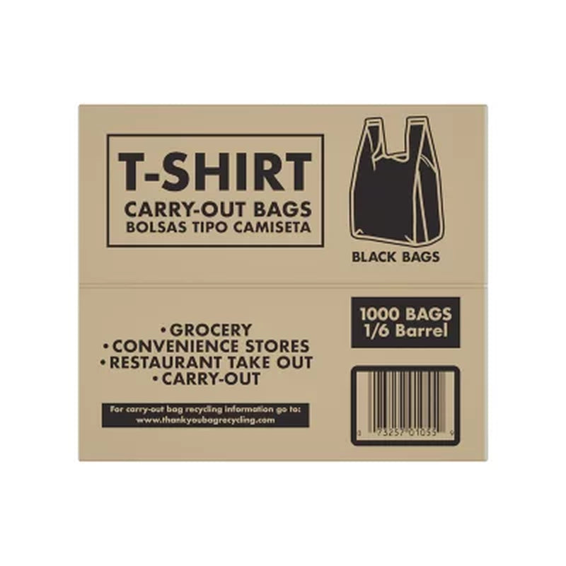 Black T-Shirt Carryout Bags, 11.5" X 6.5" X 22" 1000 Ct.